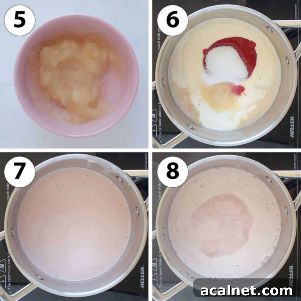 Homemade Strawberry Panna Cotta with Fresh Strawberry Sauce 5 Process Shot Collage: making the panna cotta cream in a saucepan.