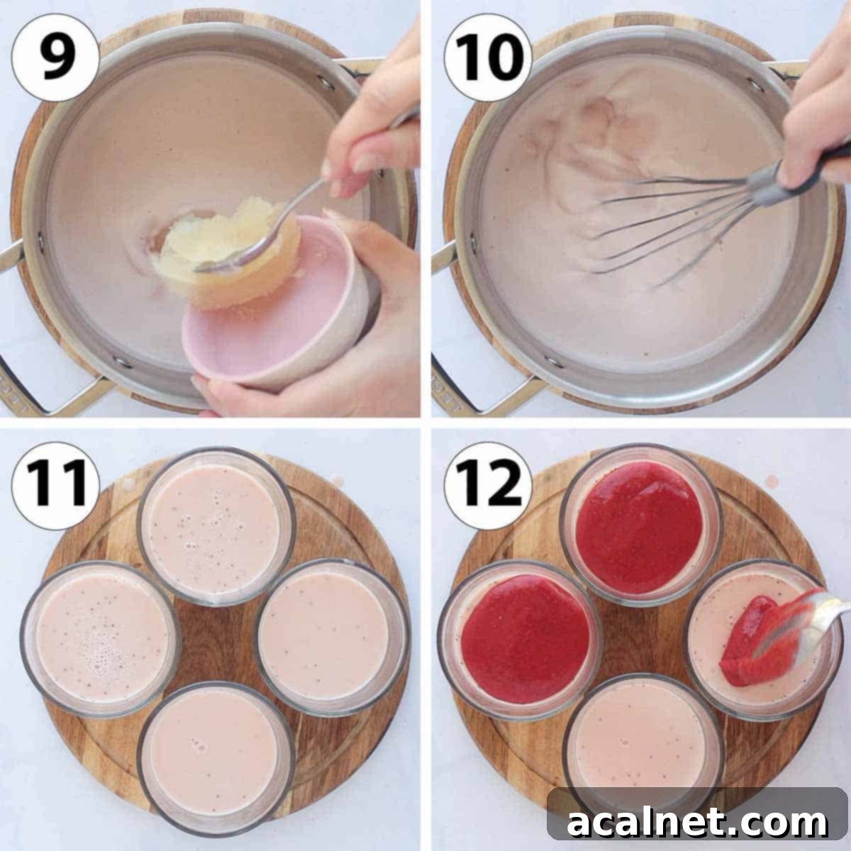 Homemade Strawberry Panna Cotta with Fresh Strawberry Sauce 6 Process Shot Collage: adding the gelatine and pouring the cream in the serving glasses.