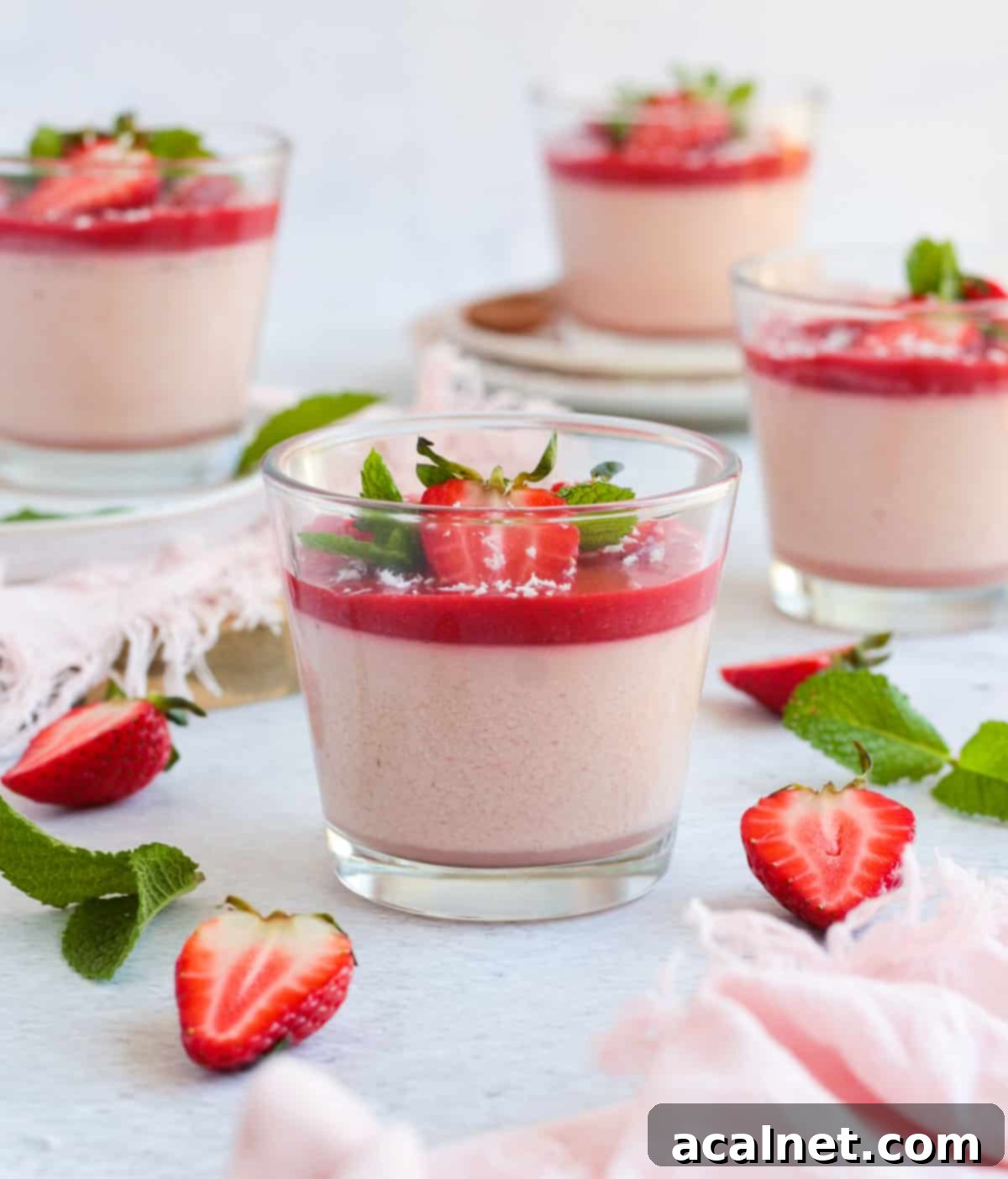 Homemade Strawberry Panna Cotta with Fresh Strawberry Sauce 9 four cups of panna cotta surrounded by fresh strawberries and pink napkins.