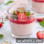 Homemade Strawberry Panna Cotta with Fresh Strawberry Sauce 10 Close up on the dessert in a glass, topped with fresh strawberries and mint.