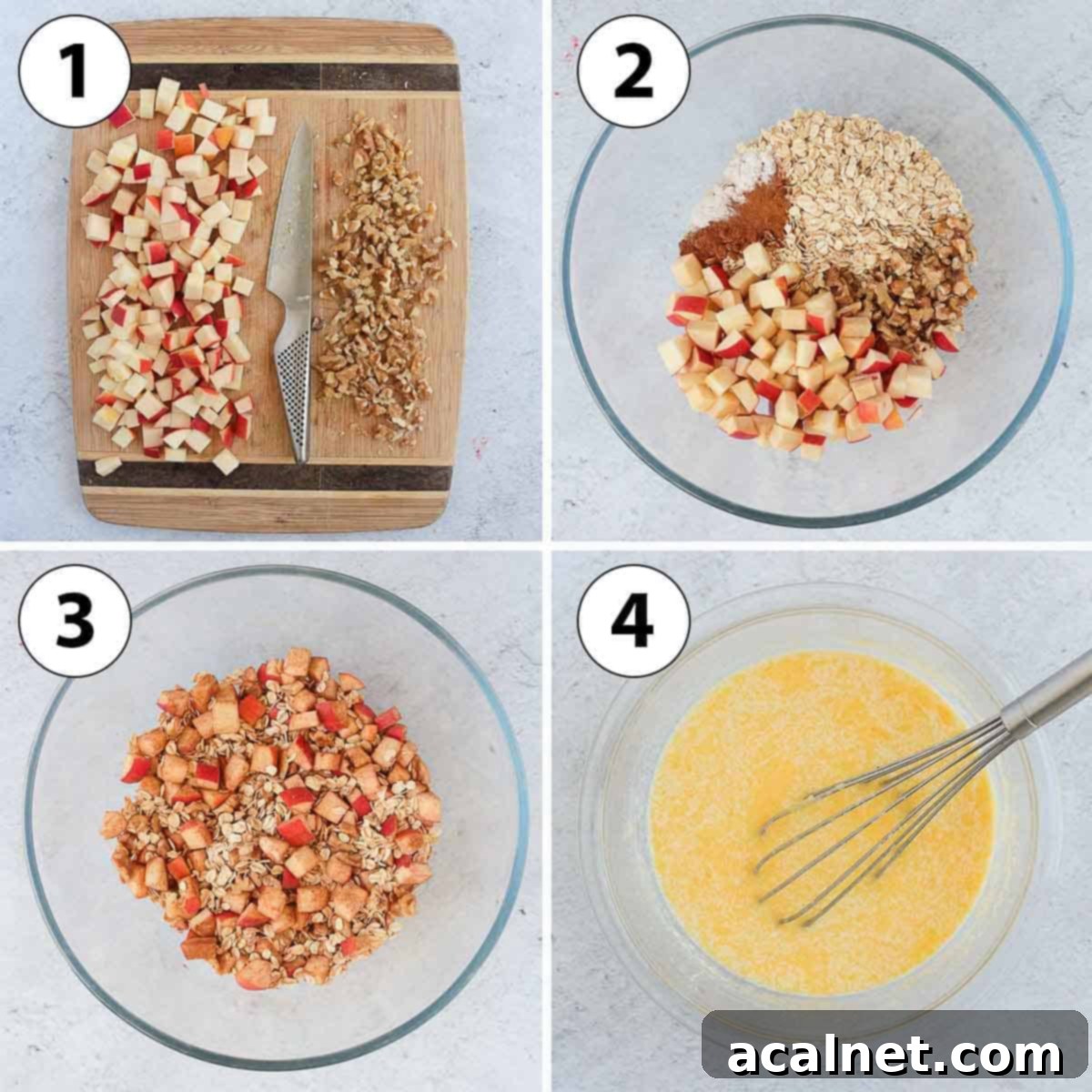Process Shot Collage: cutting the apple and walnuts and preparing the dry and wet ingredients.