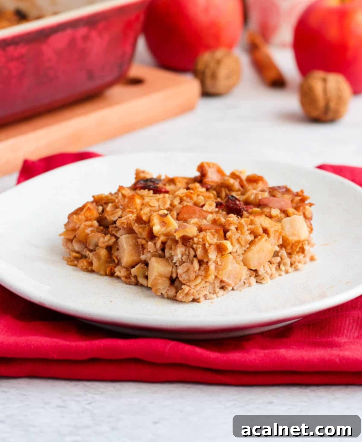 One slice of oatmeal on a white plate over a red napkin.