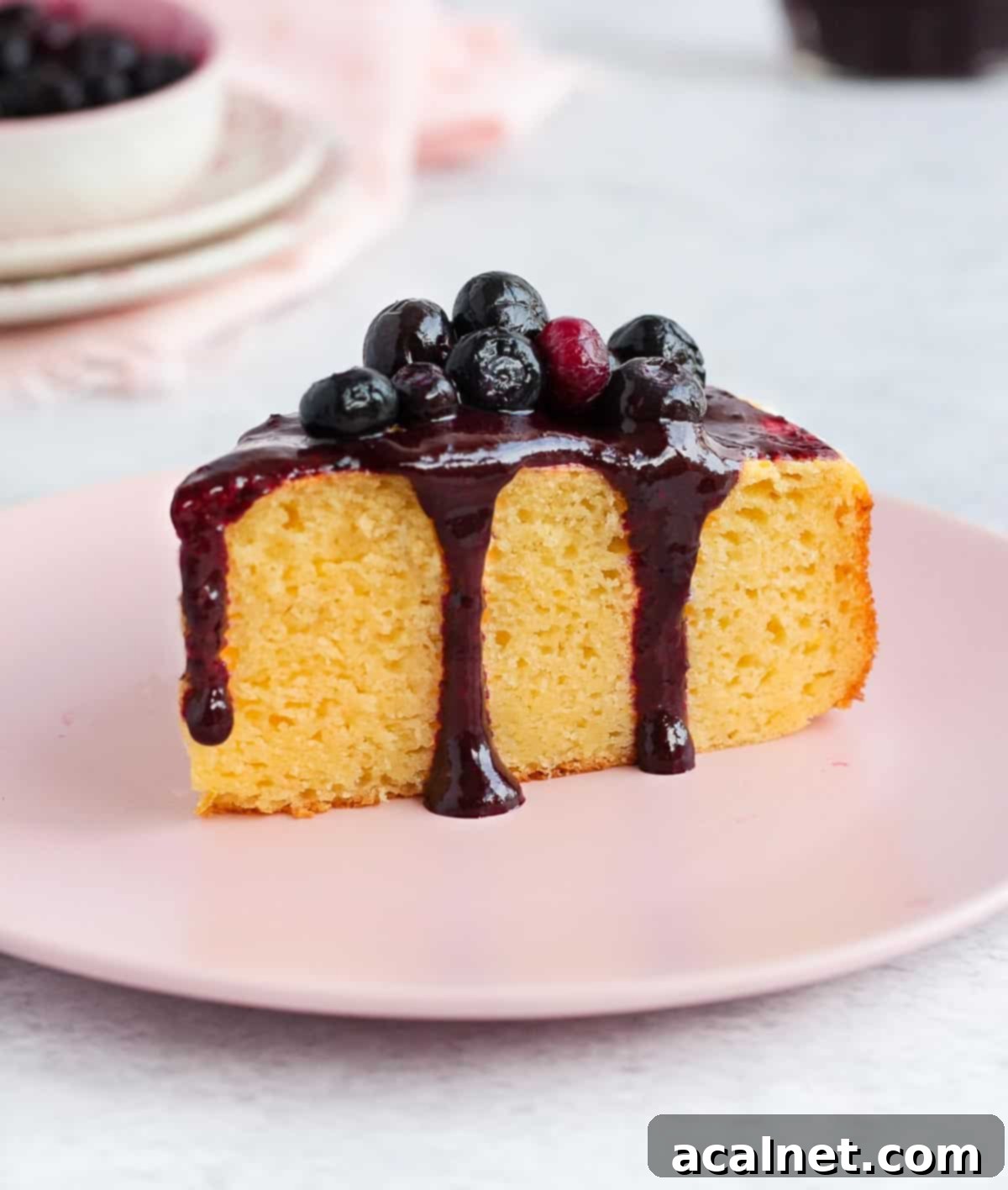 Blueberry topping poured over a slice of cake.