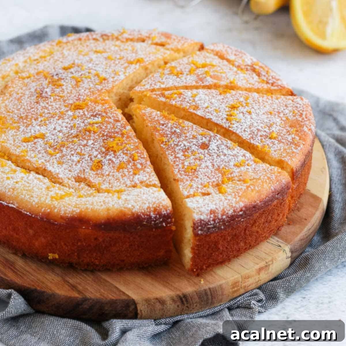 Ricotta cake with 3 slices cut out on a wooden board over a grey napkin.