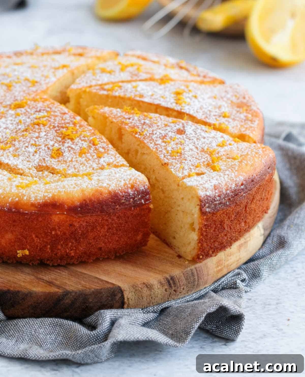 Ricotta Cake sliced over a wooden board.
