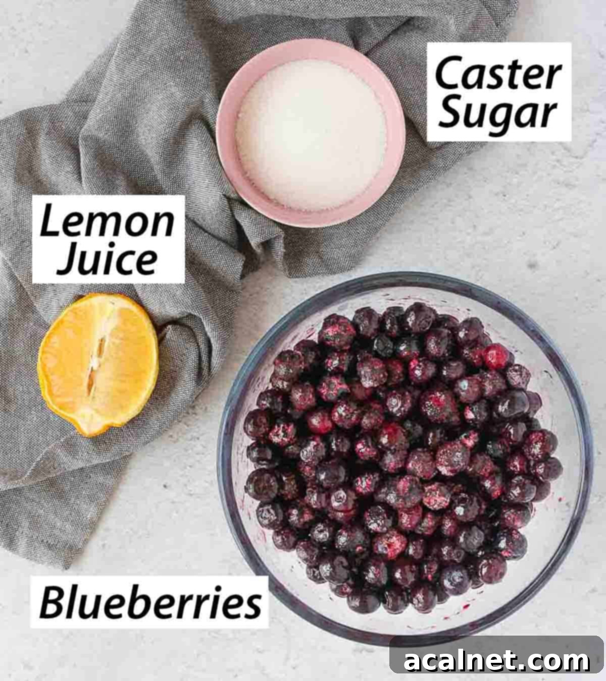 Three simple ingredients for blueberry coulis - fresh blueberries, lemon, and sugar - artfully arranged on a grey surface.