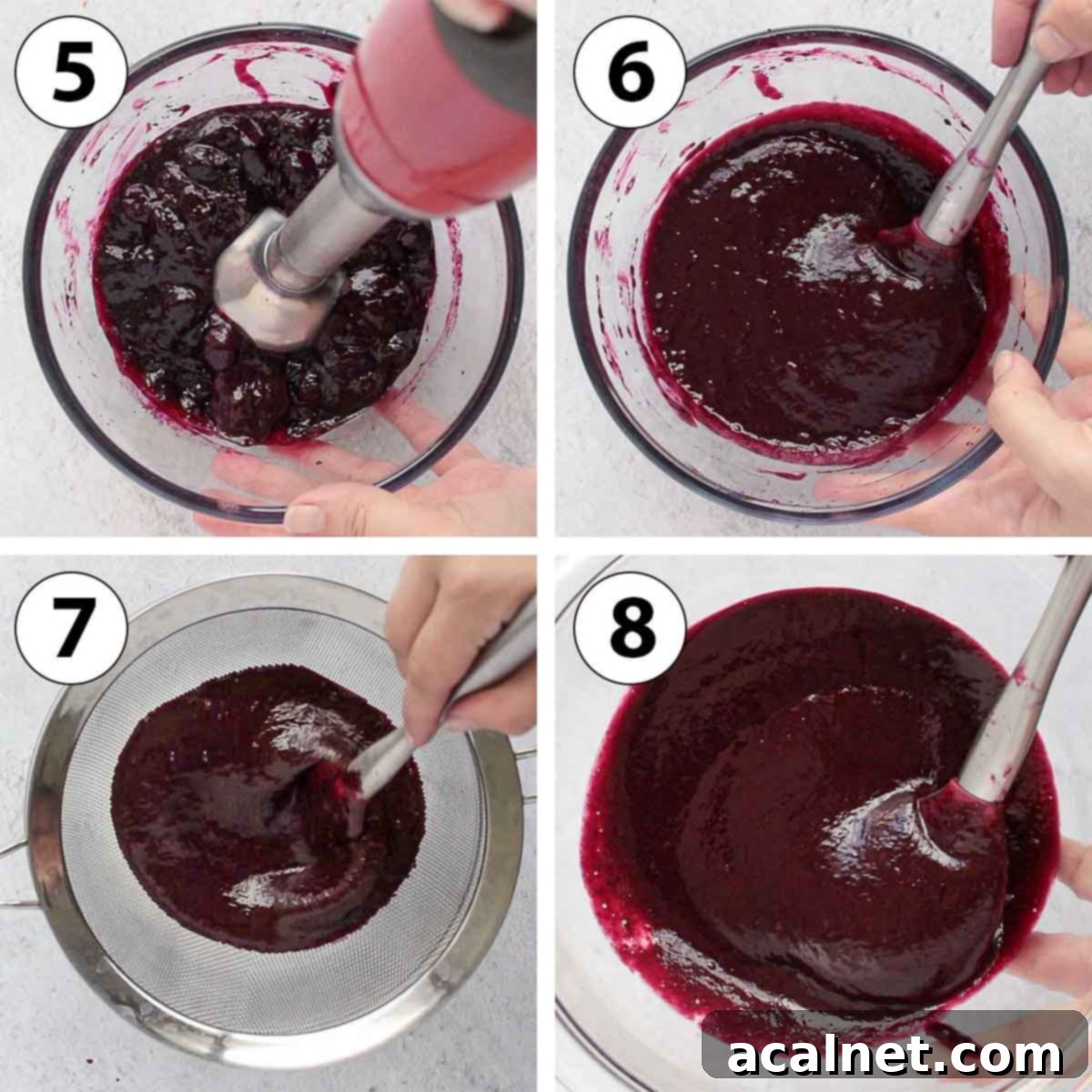 A collage of process shots showing the blending and straining steps for blueberry coulis: blending with an immersion blender, a close-up of the smooth mixture, straining through a sieve, and the final smooth coulis in a bowl.
