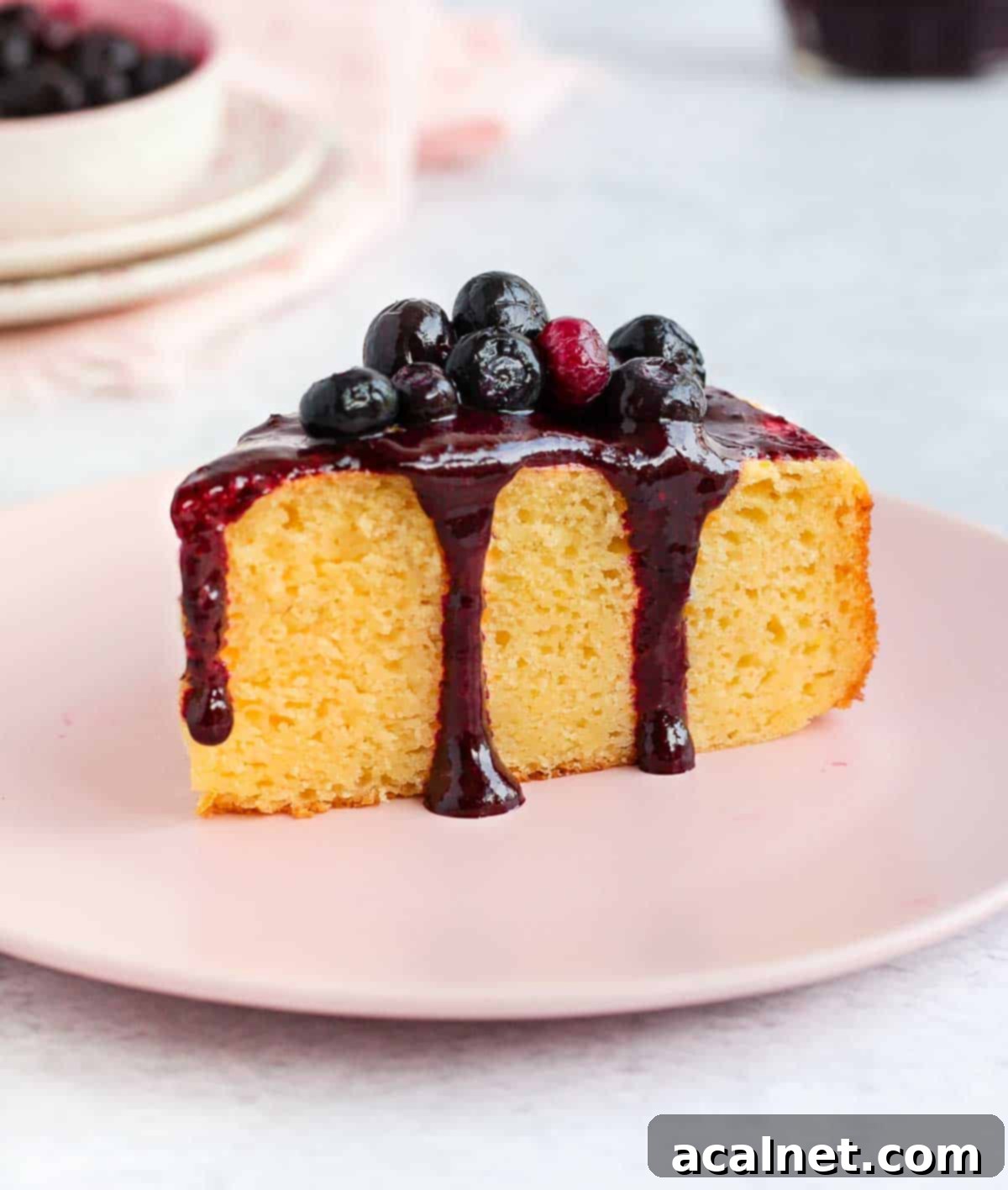 Blueberry coulis gracefully poured over a slice of cake, served on an elegant pink plate, ready to be enjoyed.