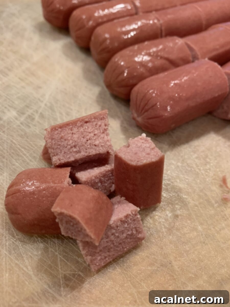 Diced hot dogs prepared for corn dog nuggets