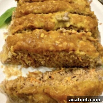Meatloaf Beyond Ketchup 11 Sliced meatloaf on a platter with the mustard glaze.