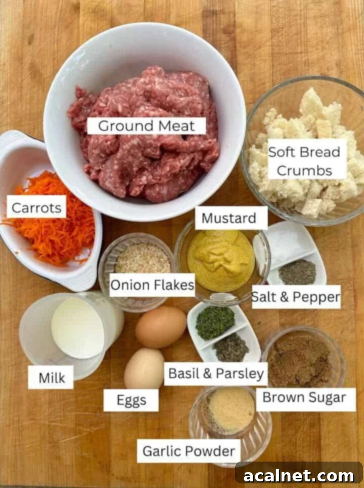 Meatloaf Beyond Ketchup 3 All the fresh ingredients for No Ketchup meatloaf laid out on a cutting board, clearly labeled.