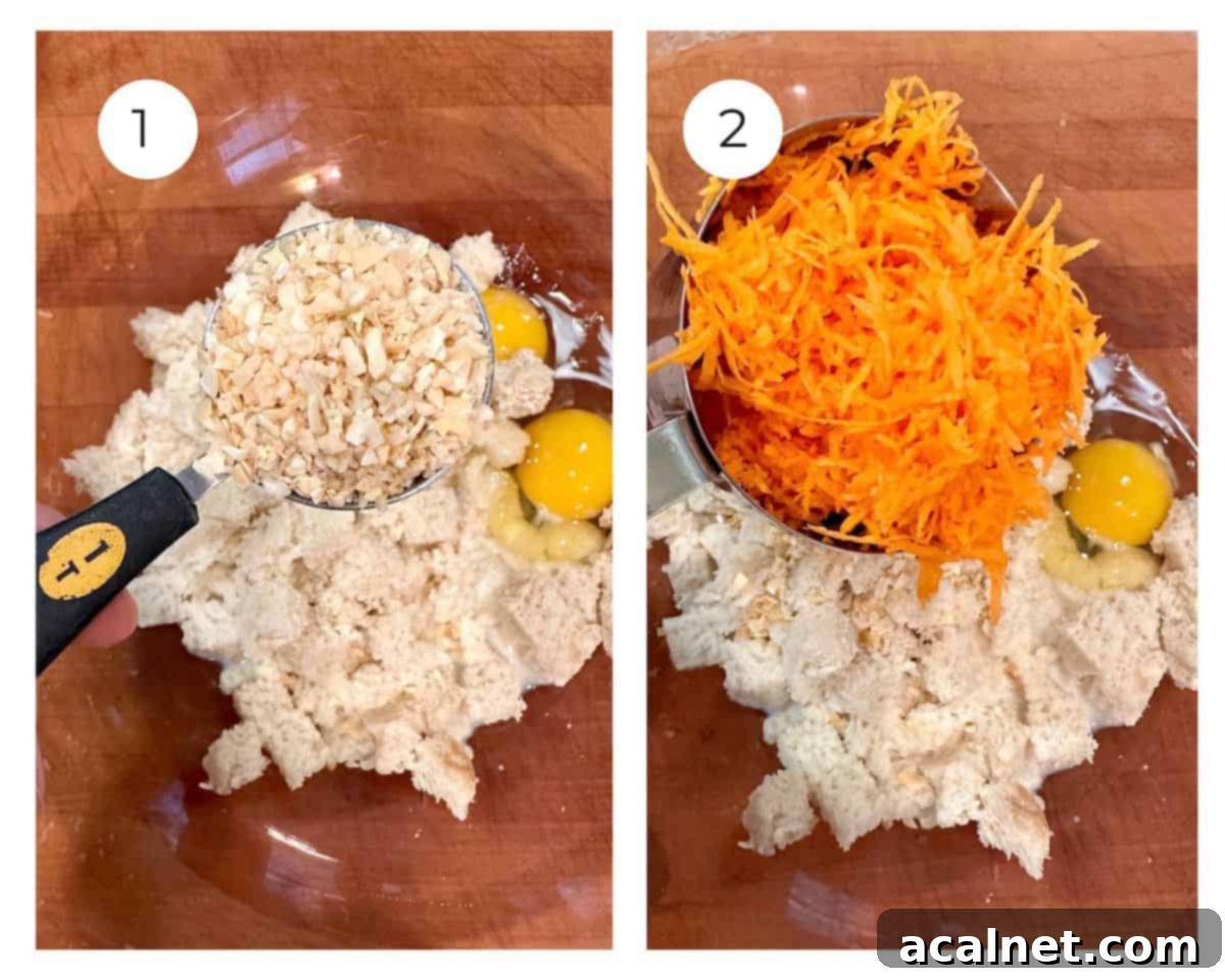 Meatloaf Beyond Ketchup 5 Two photos: first, bread cubes, egg, dried onion in a bowl; second, grated carrots added to the same bowl.