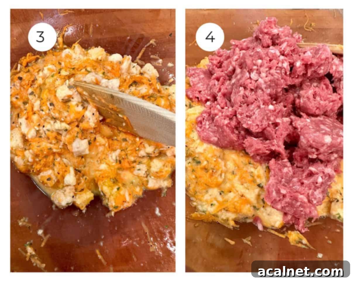 Meatloaf Beyond Ketchup 6 Two photos: first, liquid meatloaf ingredients with carrots being stirred; second, uncooked ground meat added on top.