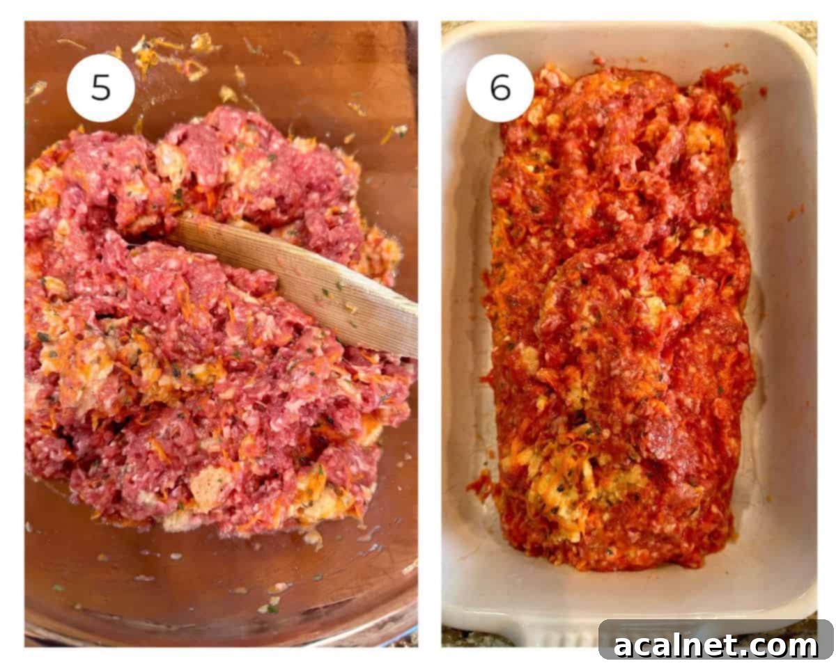 Meatloaf Beyond Ketchup 7 Two photos: first, uncooked meatloaf ingredients in a bowl with a wooden spoon; second, the shaped meatloaf in a baking dish.