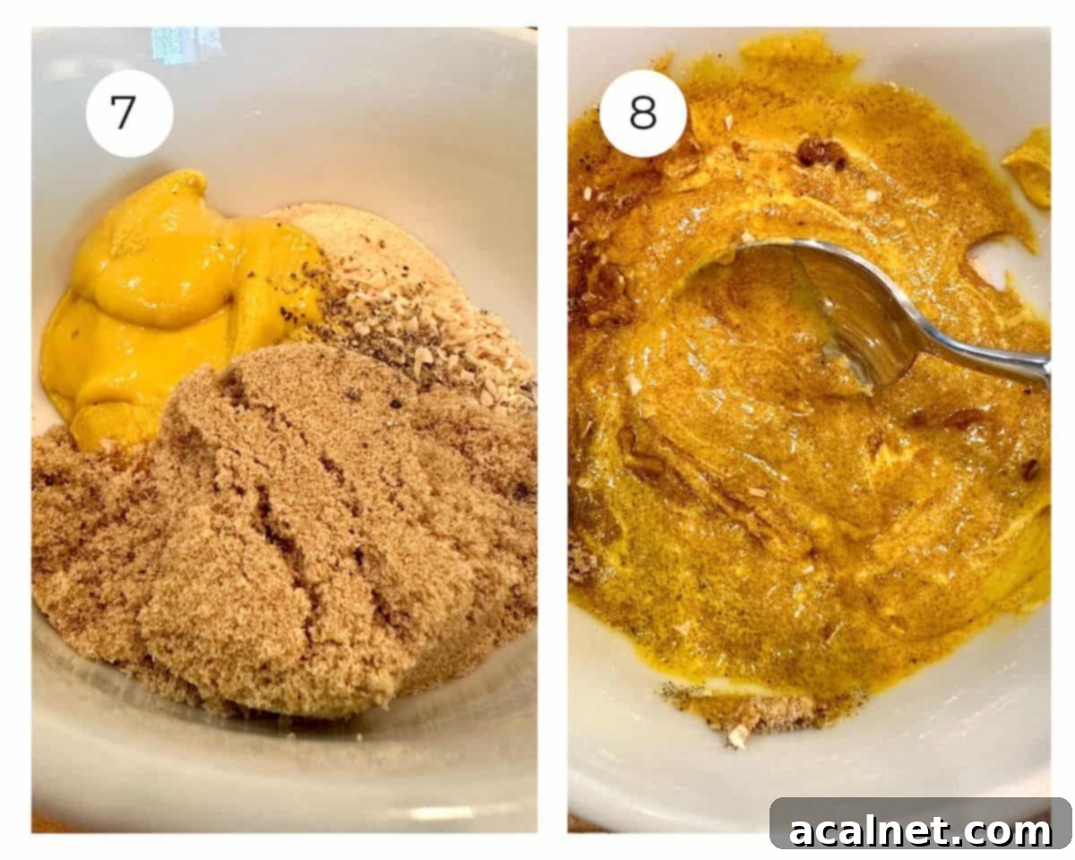 Meatloaf Beyond Ketchup 8 Two photos: first, individual mustard glaze ingredients in a bowl; second, all ingredients stirred together into a smooth glaze.