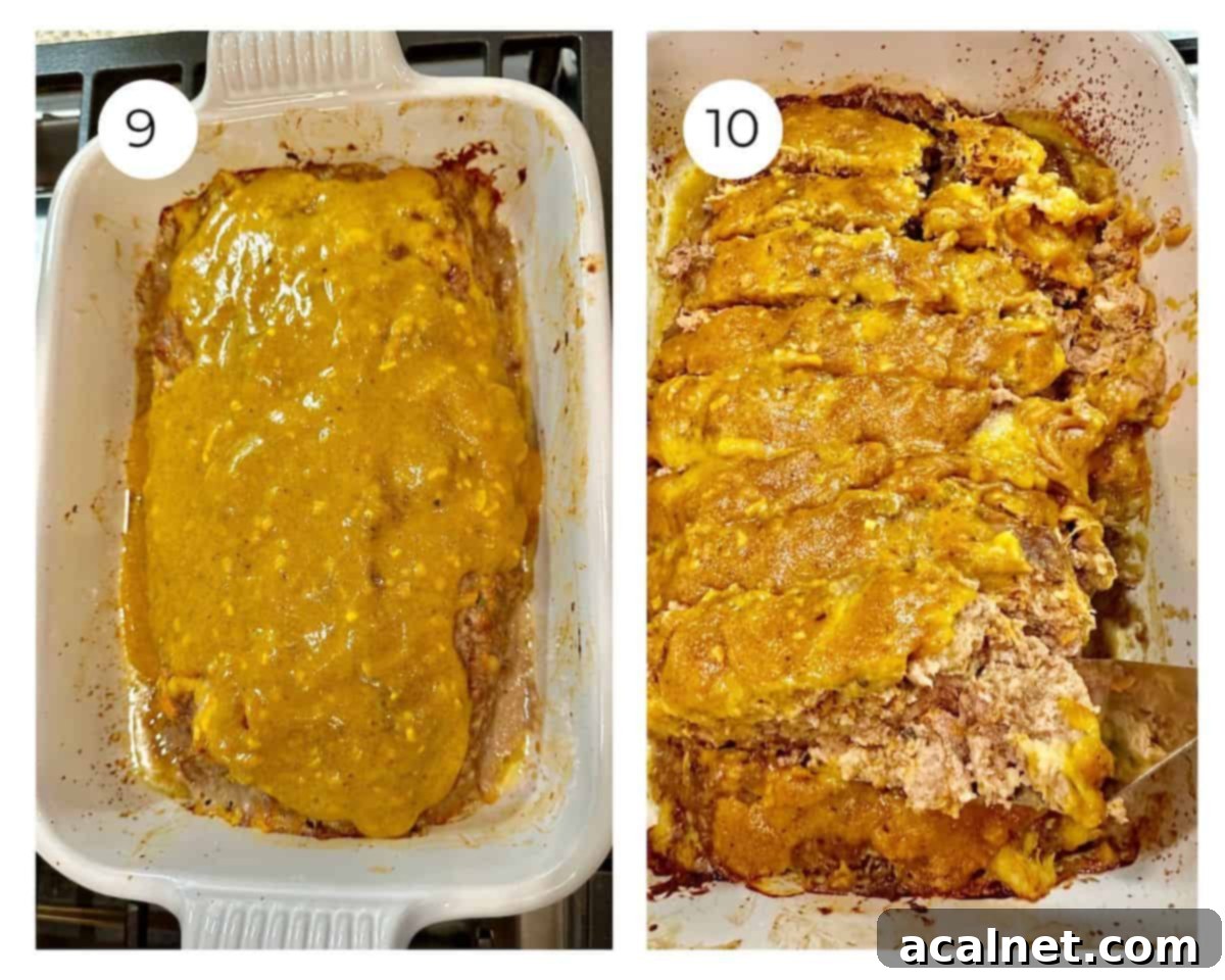 Meatloaf Beyond Ketchup 9 Two photos: first, mustard glaze being spread over partially baked meatloaf; second, the fully cooked meatloaf with a golden glaze.