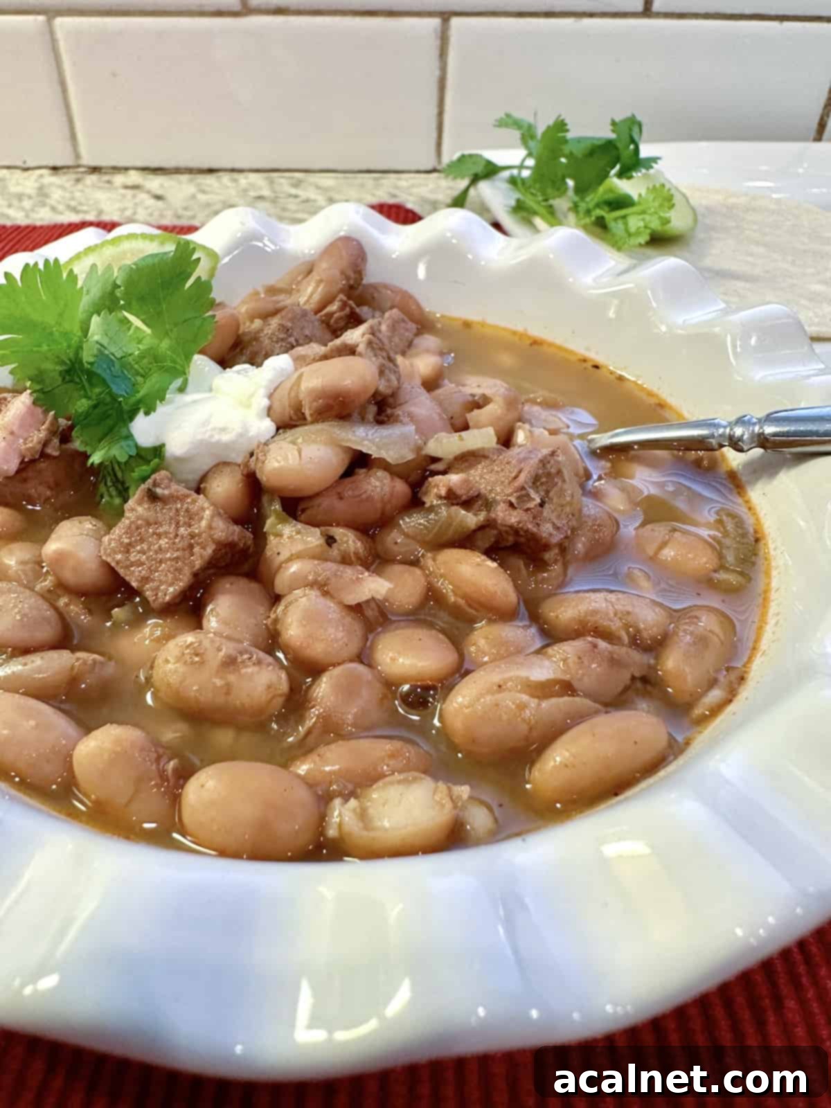 Hearty Pinto Chili 2 A serving of pinto bean chili in a bowl with a spoon and garnishes on the side.