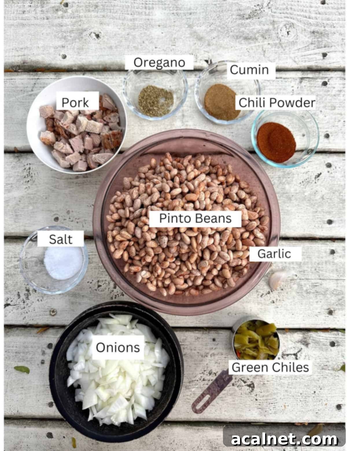 Hearty Pinto Chili 3 Ingredients for Pinto Bean Chili in small bowls on a table.