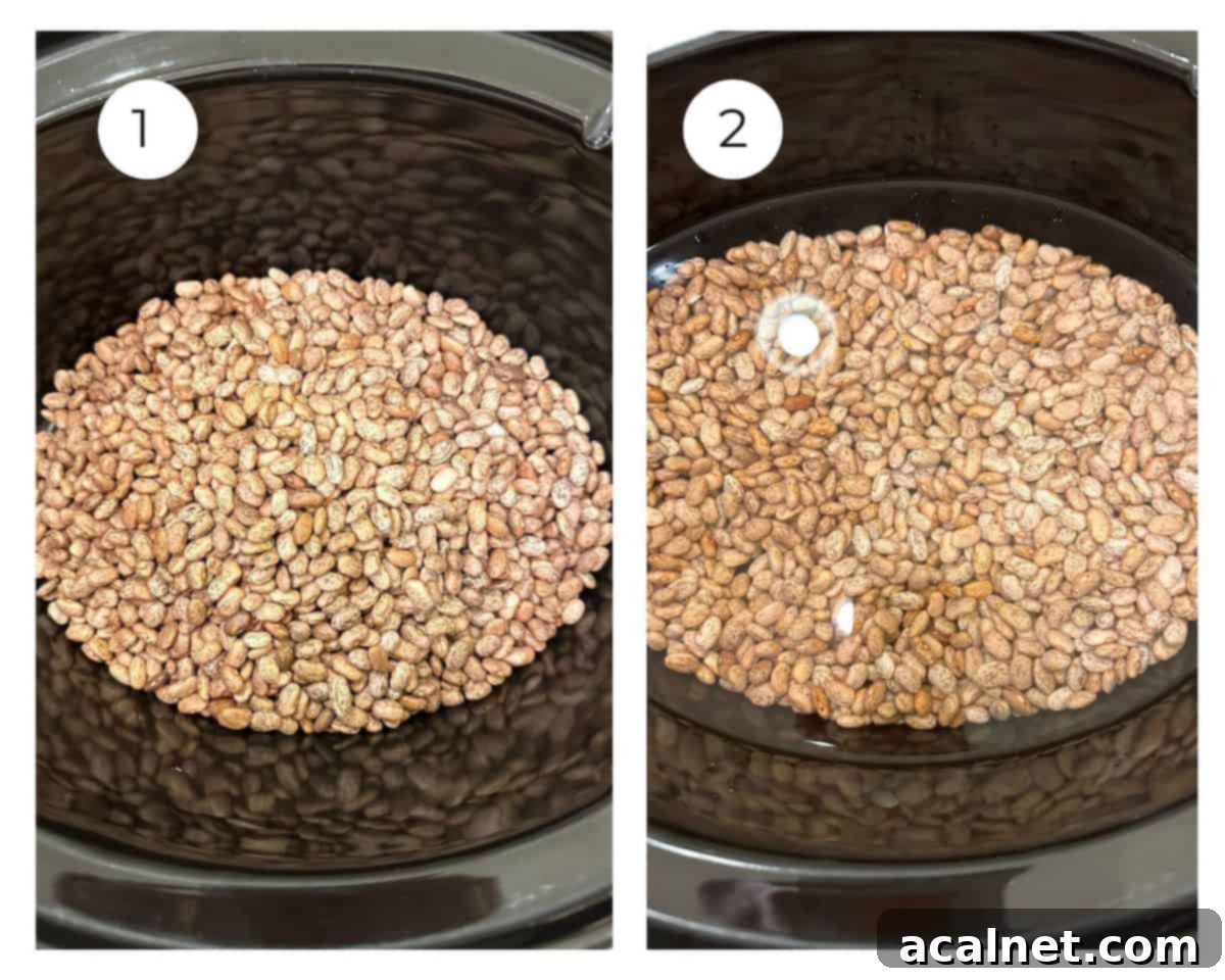 Hearty Pinto Chili 4 Dried pinto beans in a Crockpot covered in water.