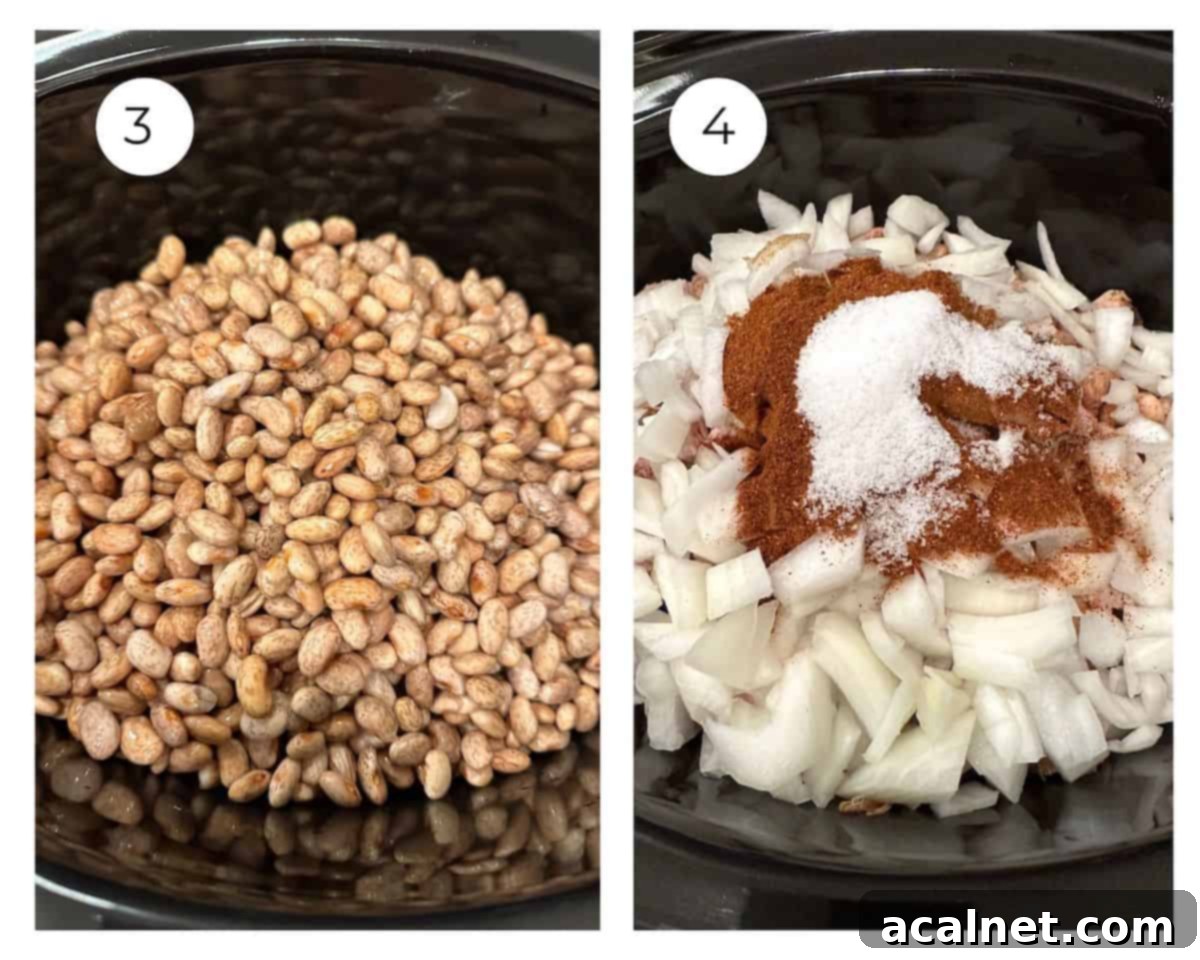 Hearty Pinto Chili 5 Pinto beans in a slow cooker with onions and spices on top.