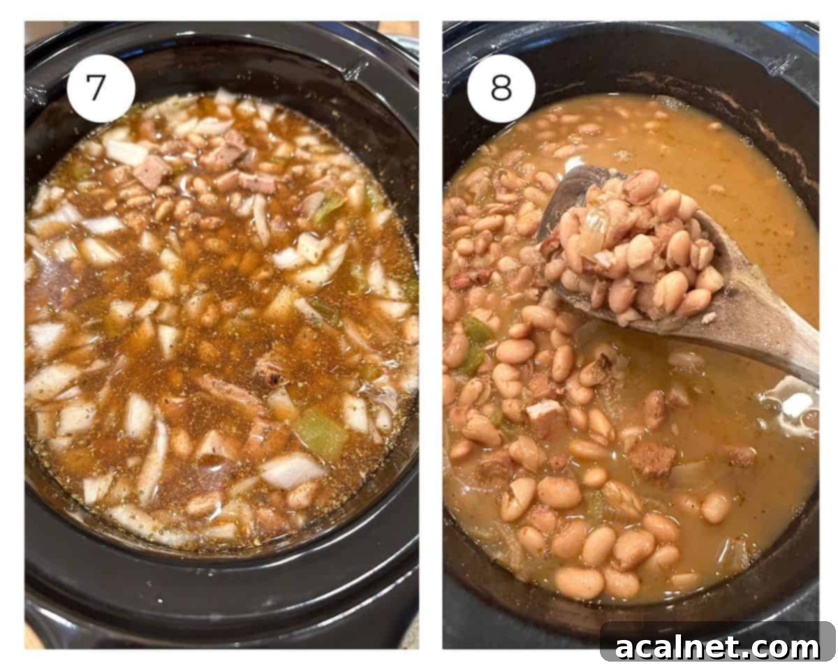 Hearty Pinto Chili 7 Pinto Bean Chili in a crockpot and with a wooden spoon serving a portion of the chili.
