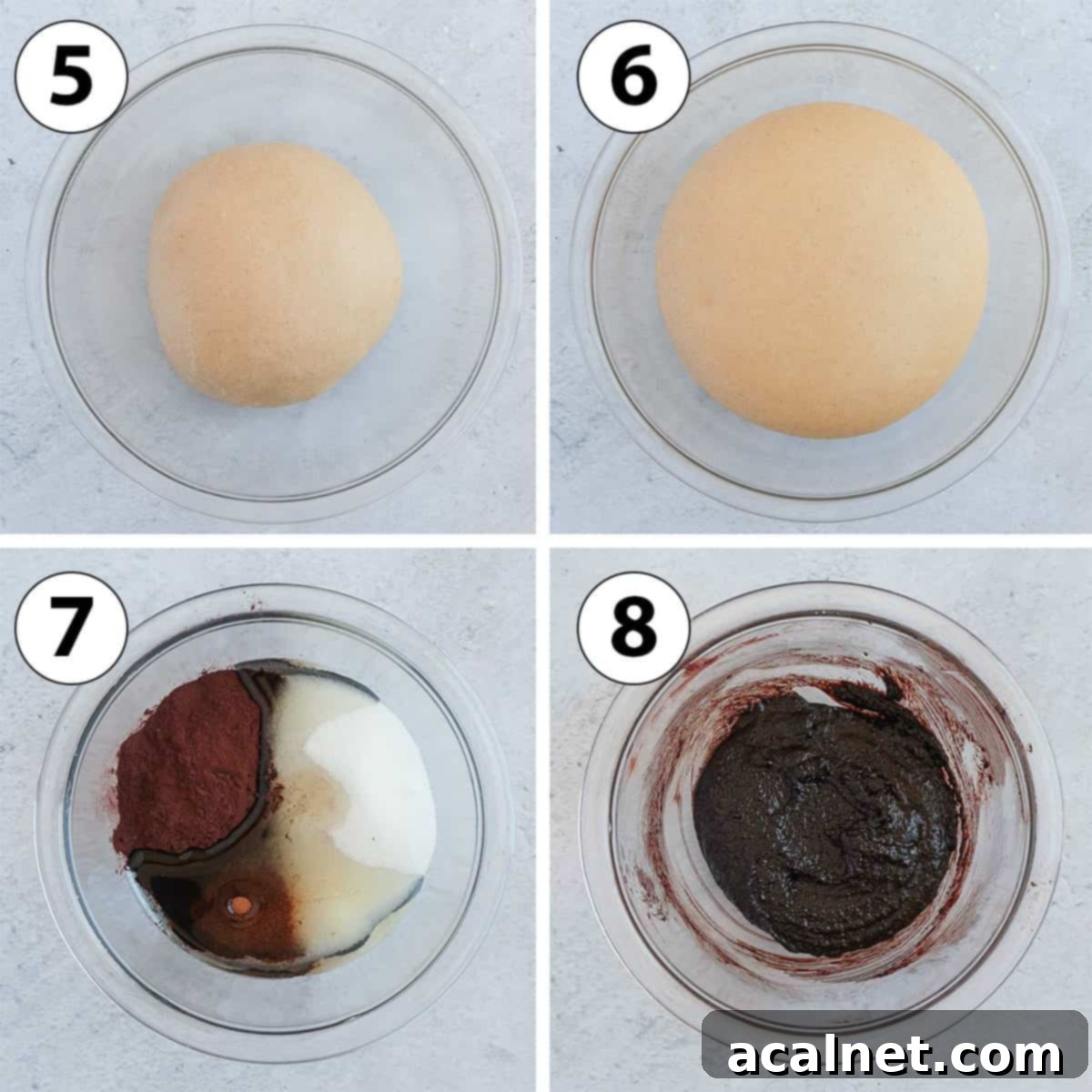 Process Shot Collage: dough proofing and preparing the chocolate filling.