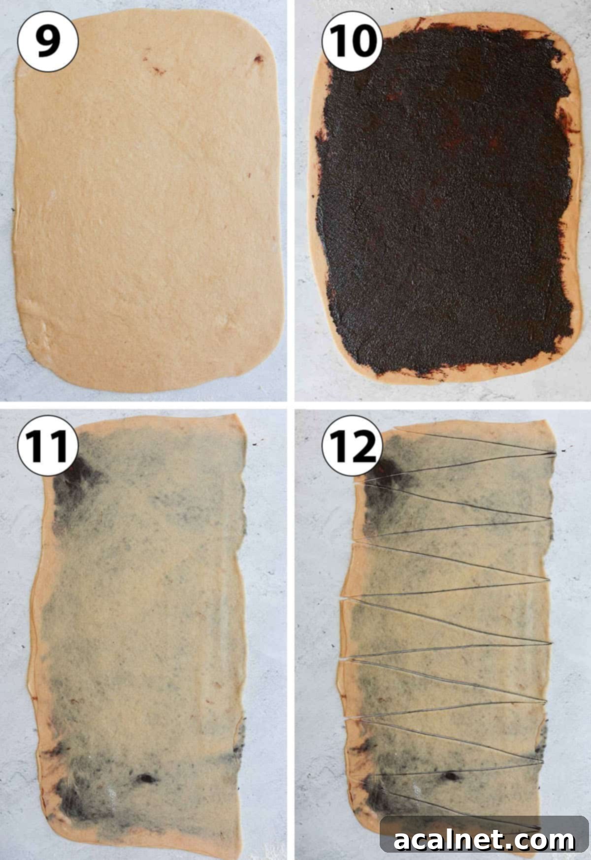 Process Shot Collage: adding the filling and rolling the dough.