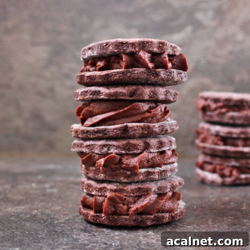 Two stacks of Vegan Chocolate Sandwich Cookies