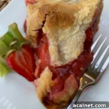 A slice of strawberry rhubarb pie on a plate