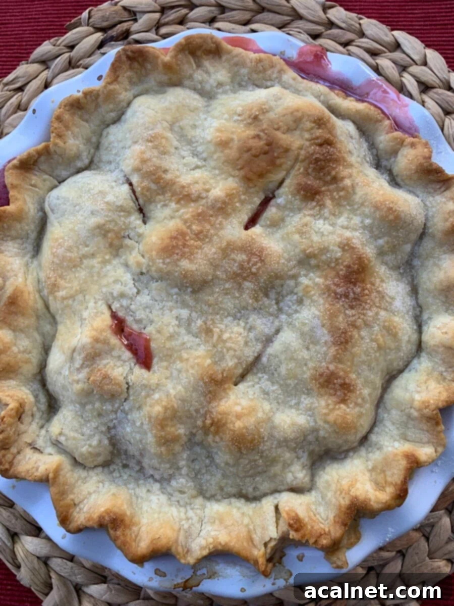A baked strawberry rhubarb pie, out of the oven.
