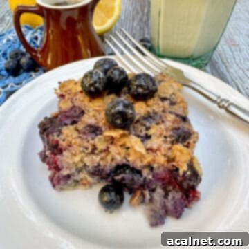 A plate with a fork on the side and a serving of blueberry baked oatmeal in the center with a glass of milk and a small pitcher on the side.