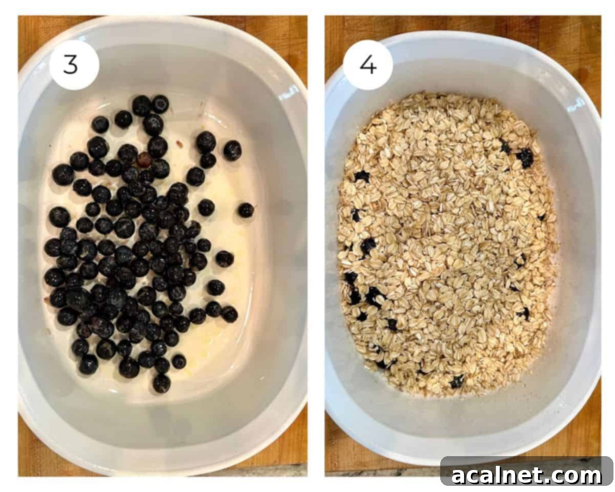 Blueberries in a baking dish and another dish with oatmeal on top.