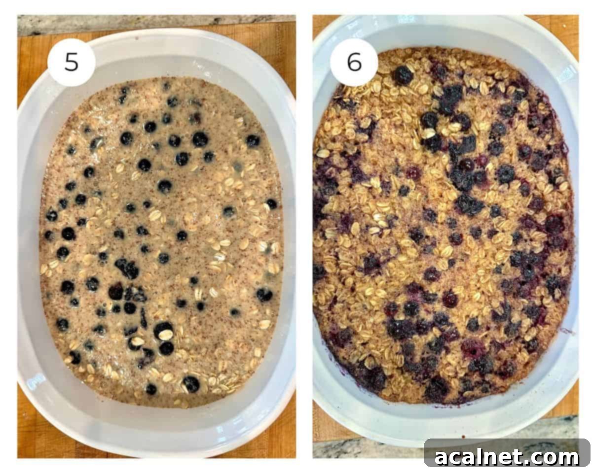 Blueberry oatmeal side by side, one unbaked other baked.