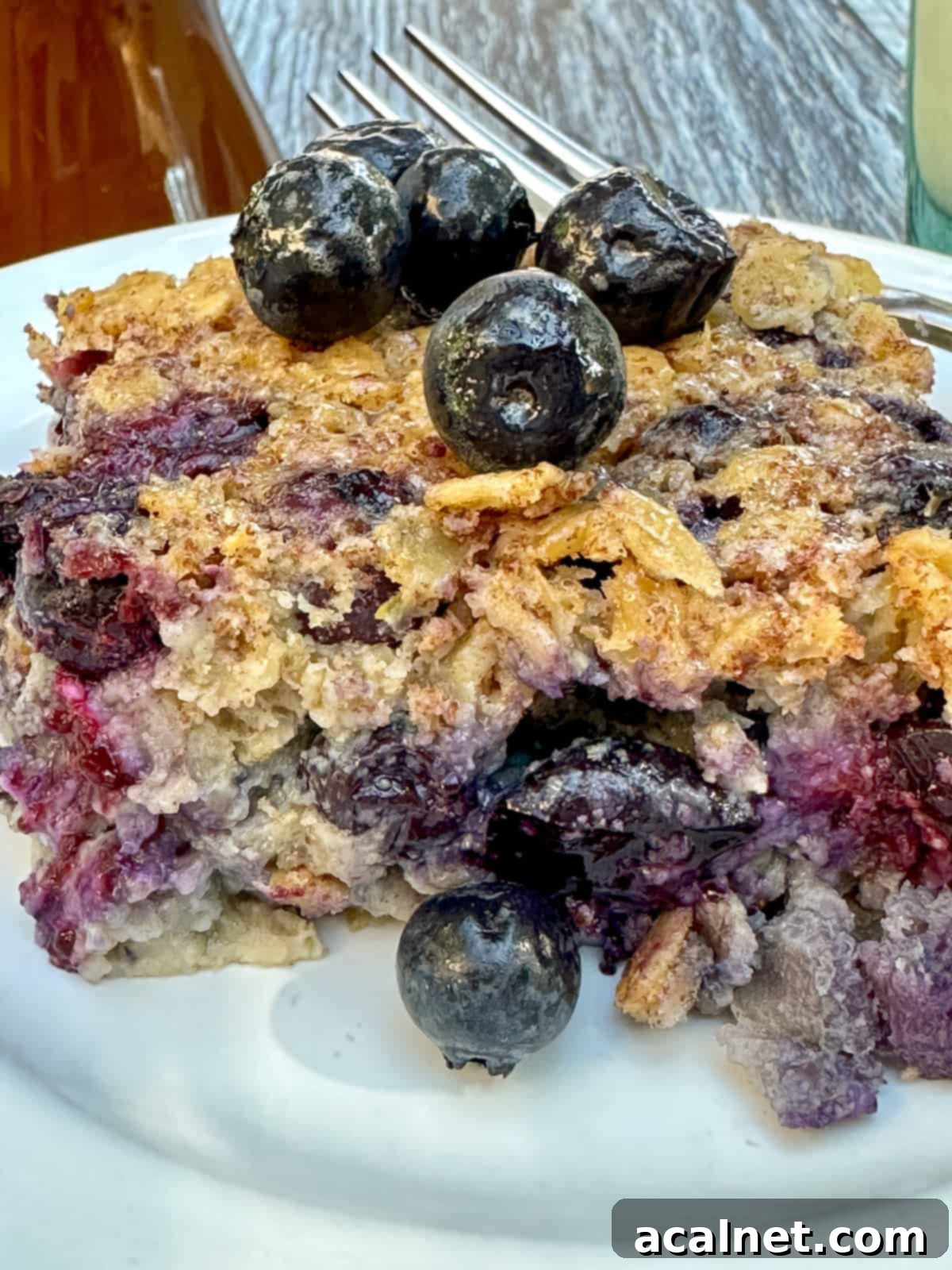 A close shot of a serving a blueberry baked oatmeal with berries on top and on the side.