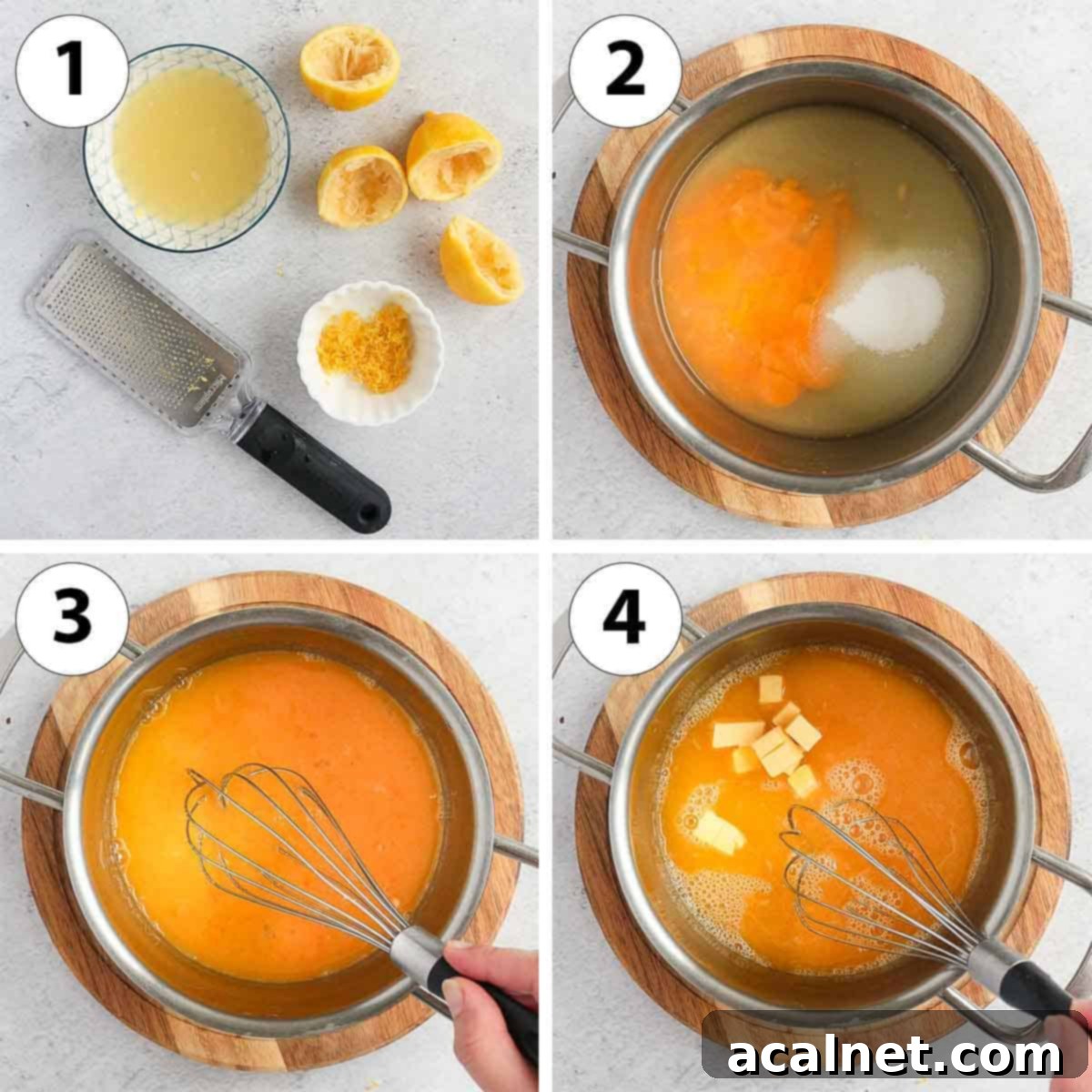 Zesty Lemon Delight 5 A four-panel process shot collage showing the steps of preparing and mixing the lemon curd ingredients in a pot on the stove.