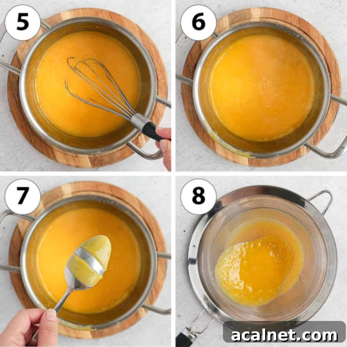 Zesty Lemon Delight 6 A four-panel process shot collage showing the stages of cooking lemon curd, including the spoon test and straining.