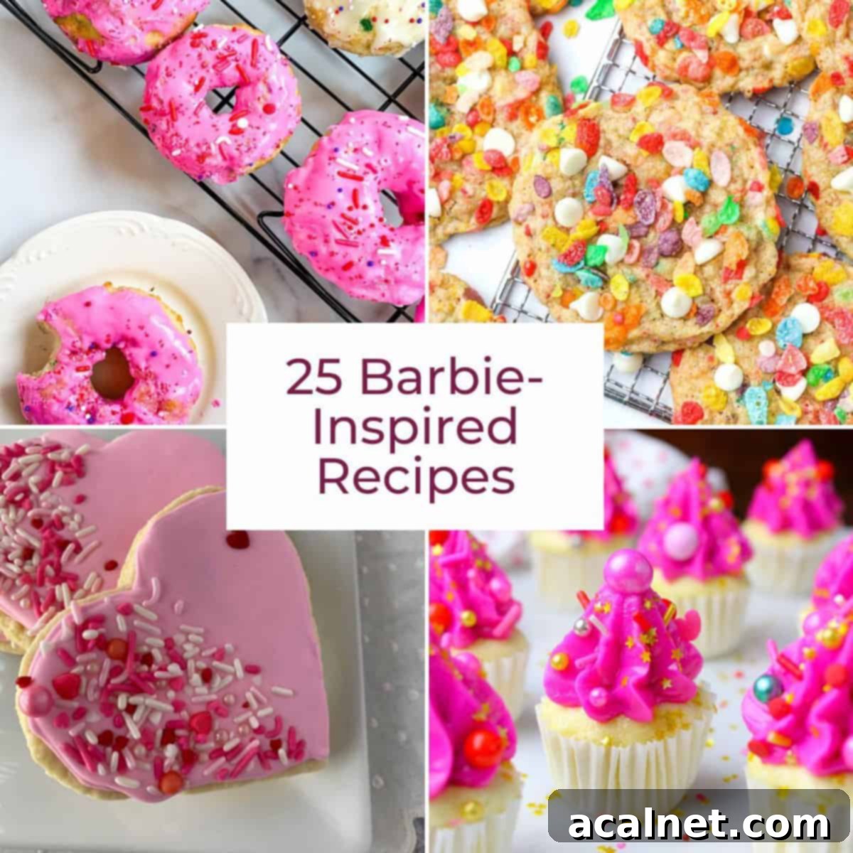 A collage of photos featuring various pink and colorful Barbie-inspired dishes, including cookies, panna cotta, donuts, hummus, lemonade, cakes, macarons, waffles, cheesecake bars, smoothies, and more.