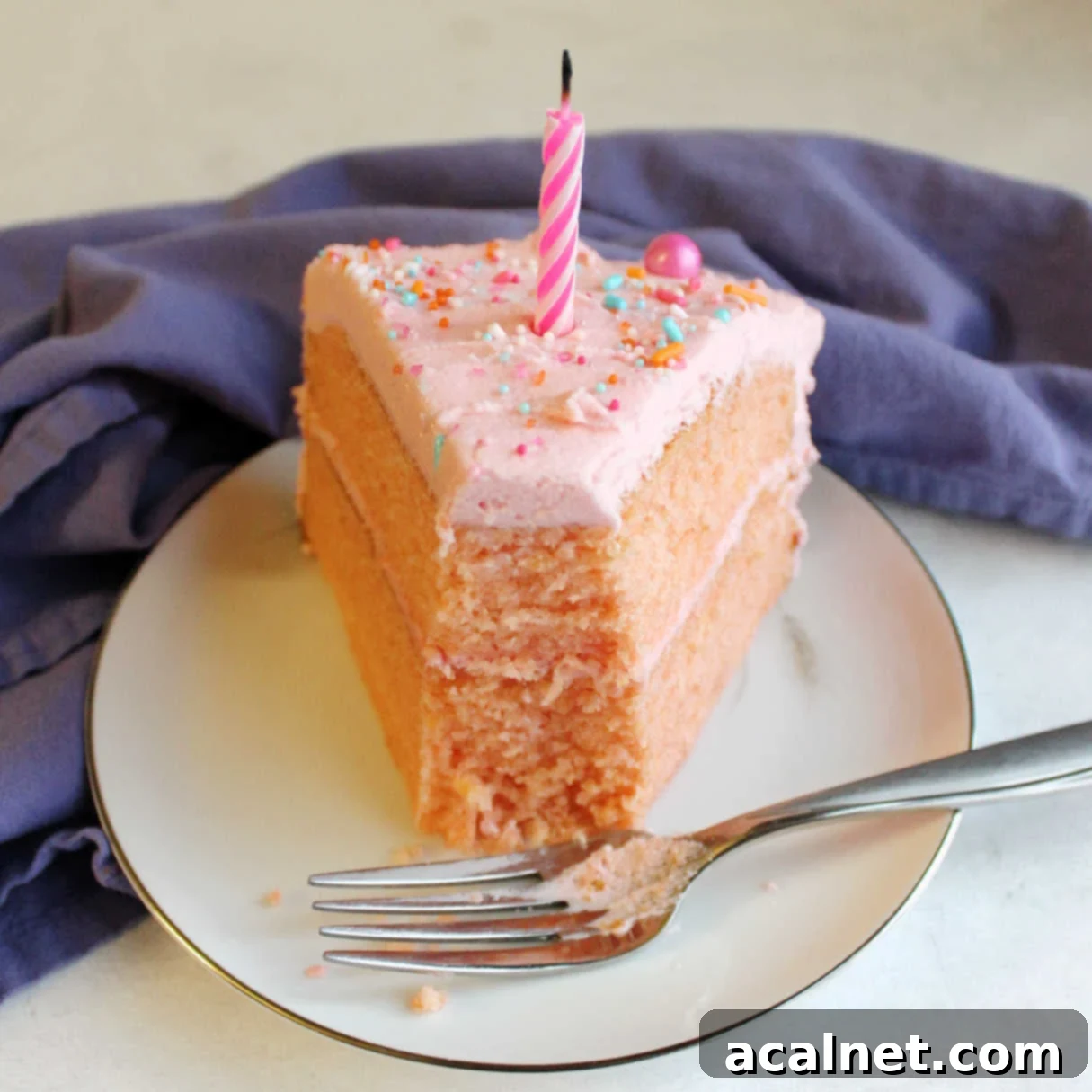 A slice of beautiful pink velvet cake with creamy frosting.