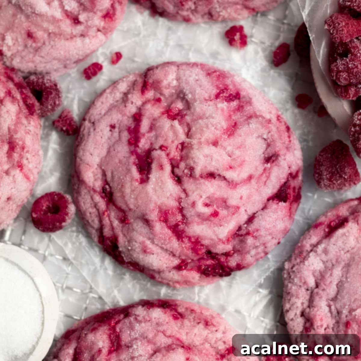 Soft and chewy raspberry cookies with a dusting of powdered sugar.