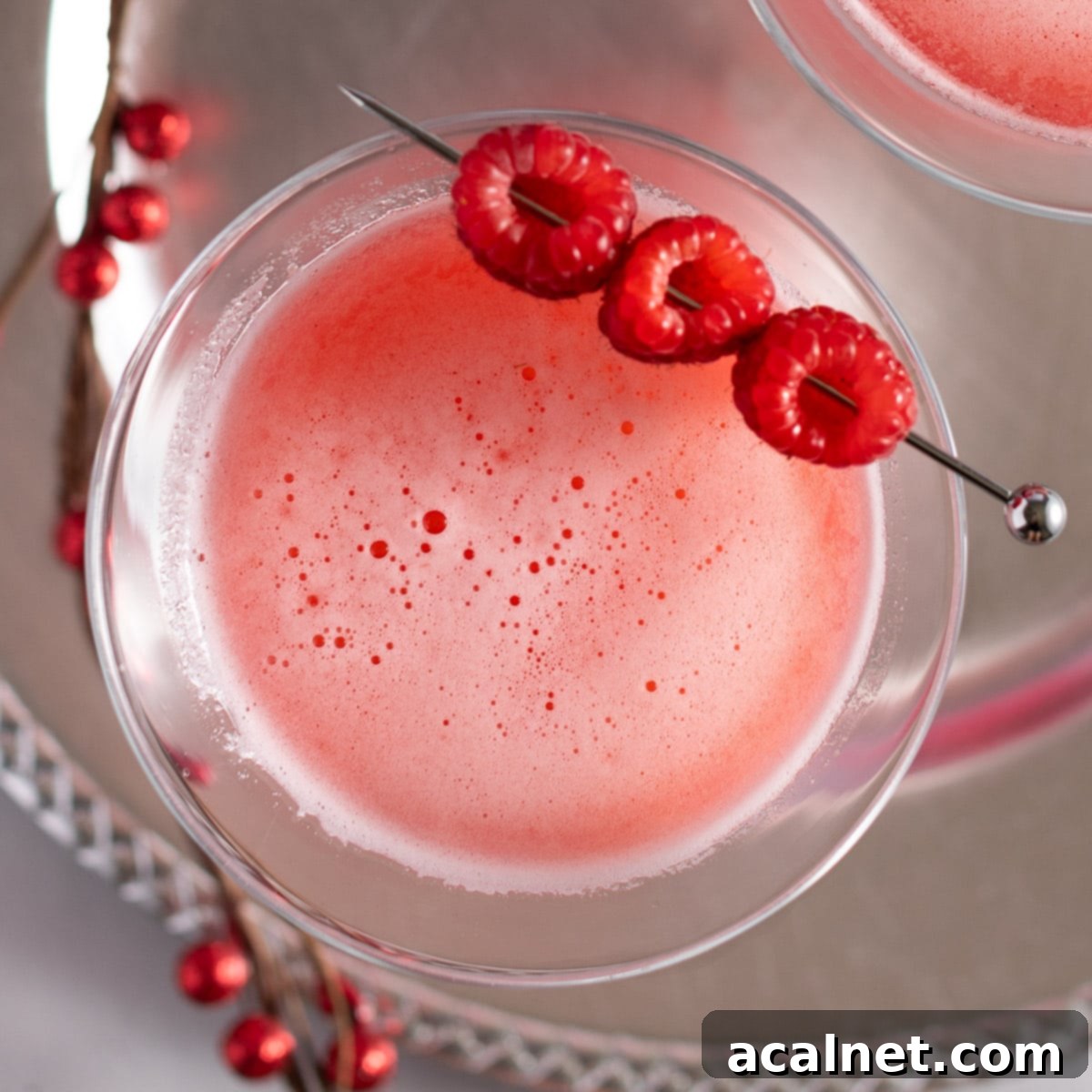 Elegant raspberry martini garnished with fresh raspberries.