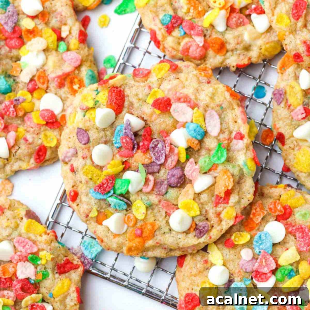 Colorful Fruity Pebbles cookies with white chocolate chips.