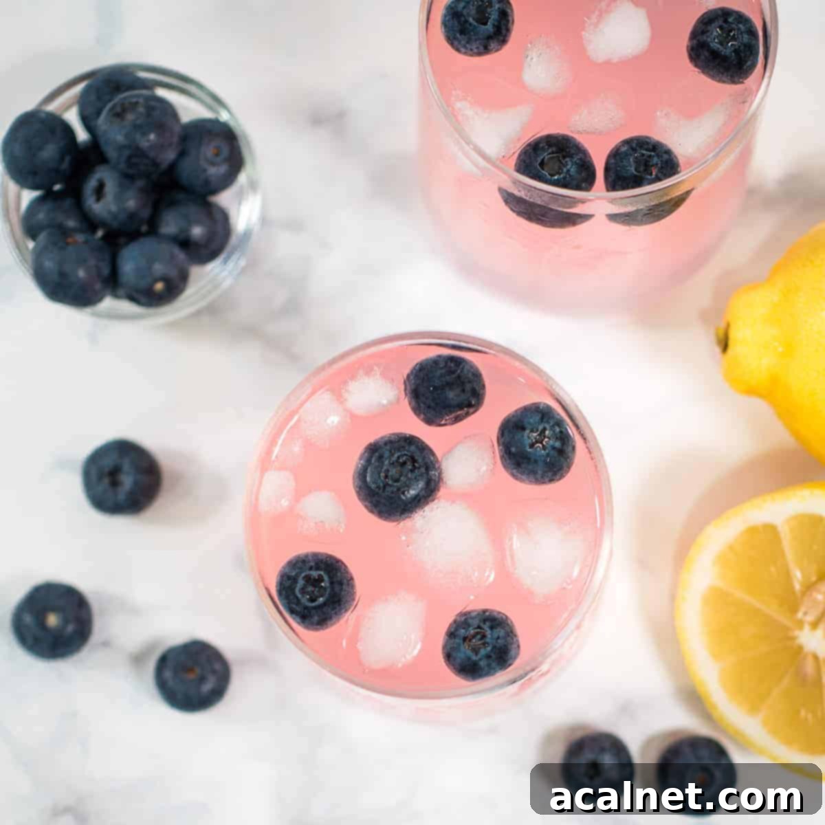 Refreshing pretty pink blueberry lemonade with slices of lemon and fresh blueberries.