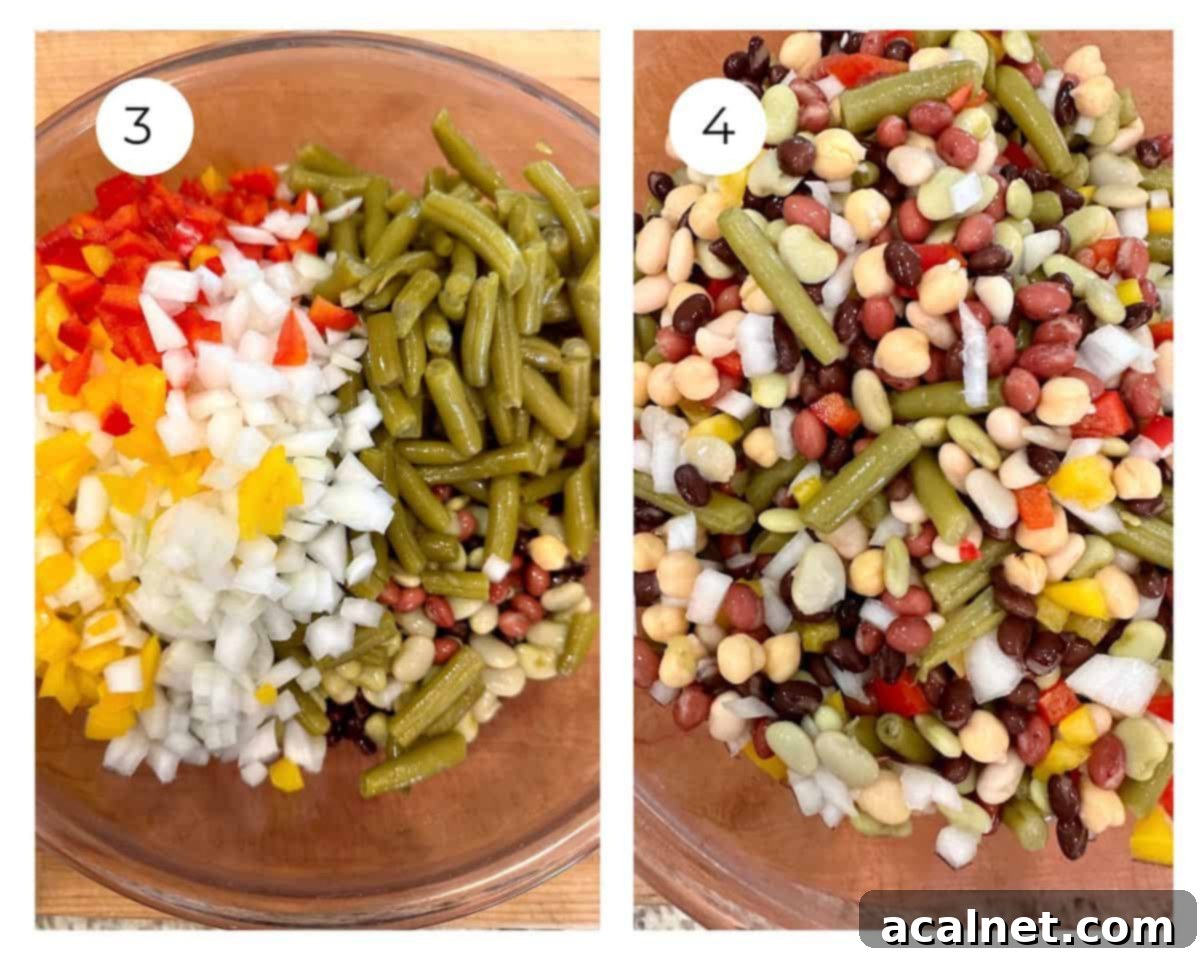 A bowl of diced onions and peppers on top of the beans in a bowl, next to a bowl with all the ingredients blended.