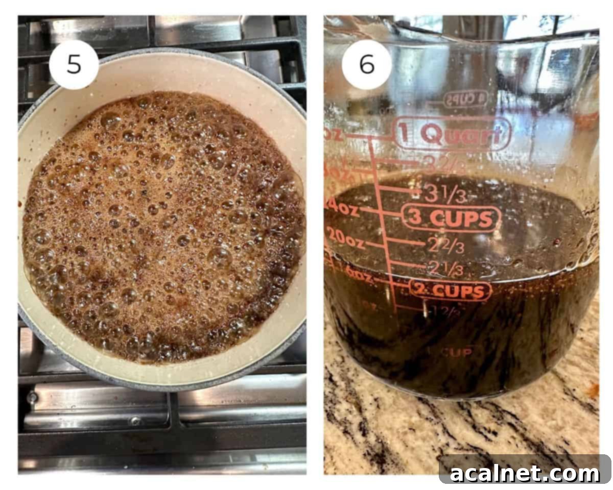Balsamic sauce in a saucepan on the stove with bubbles on top, next to a photo with the sauce in a measuring cup.
