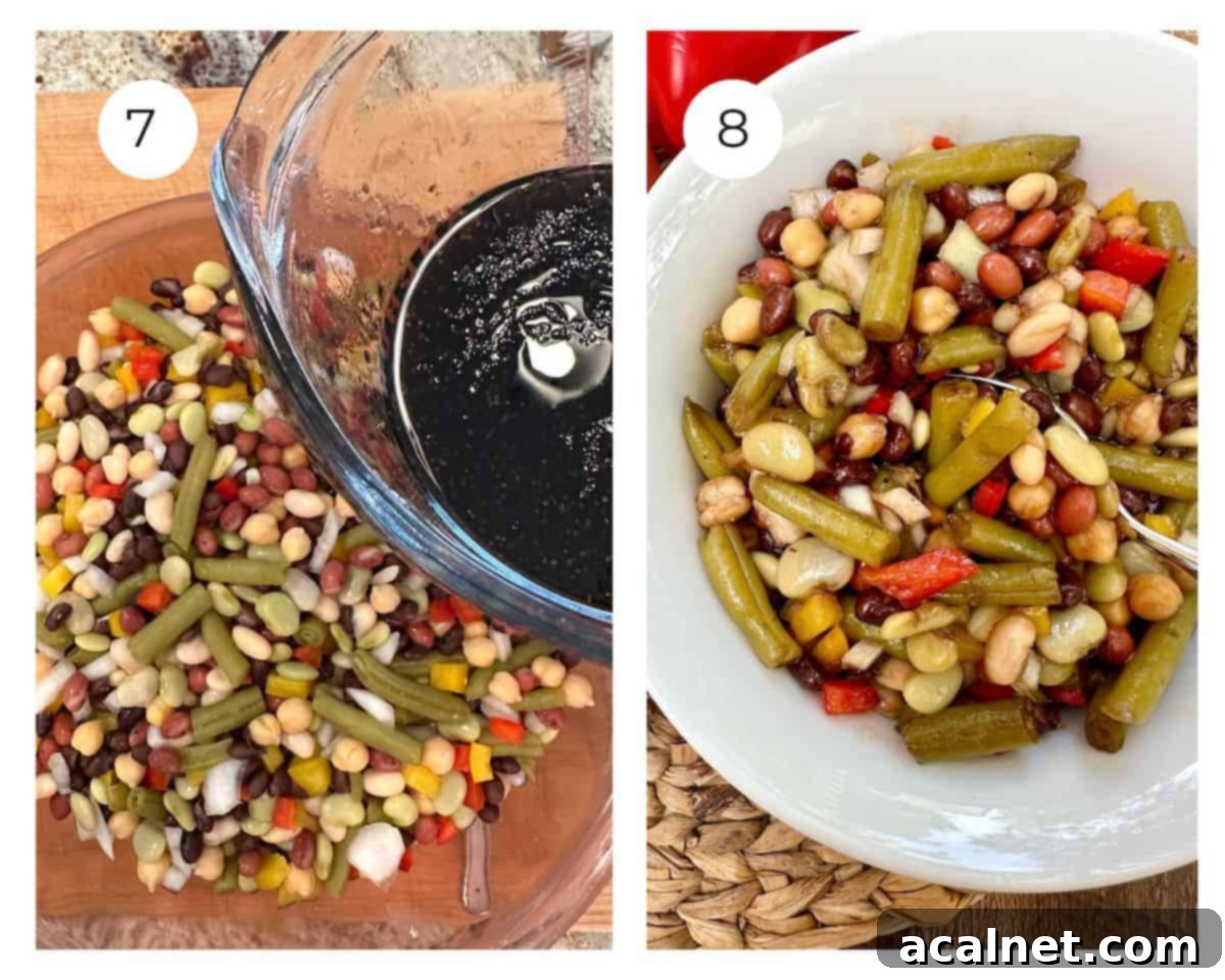 Bean salad ingredients in a bowl with a cup of balsamic sauce nearby, next to a bowl showing the finished salad.