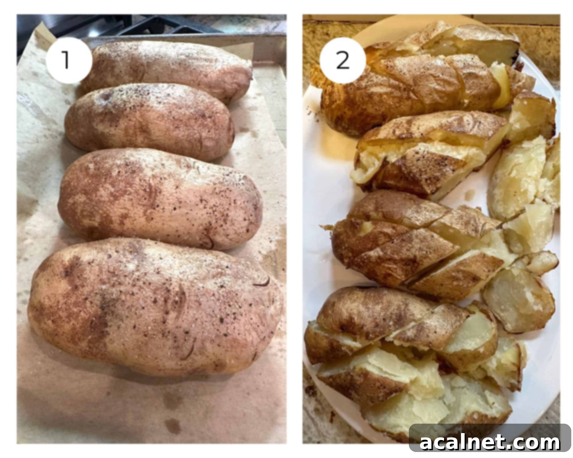 A baking sheet with four baked potatoes, and a plate with the same potatoes sliced into wedges.