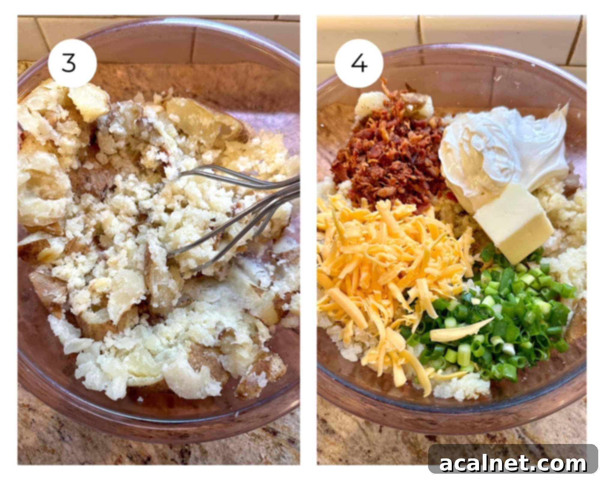 Mashed baked potatoes and a photo with additional ingredients layered on top in a large bowl.