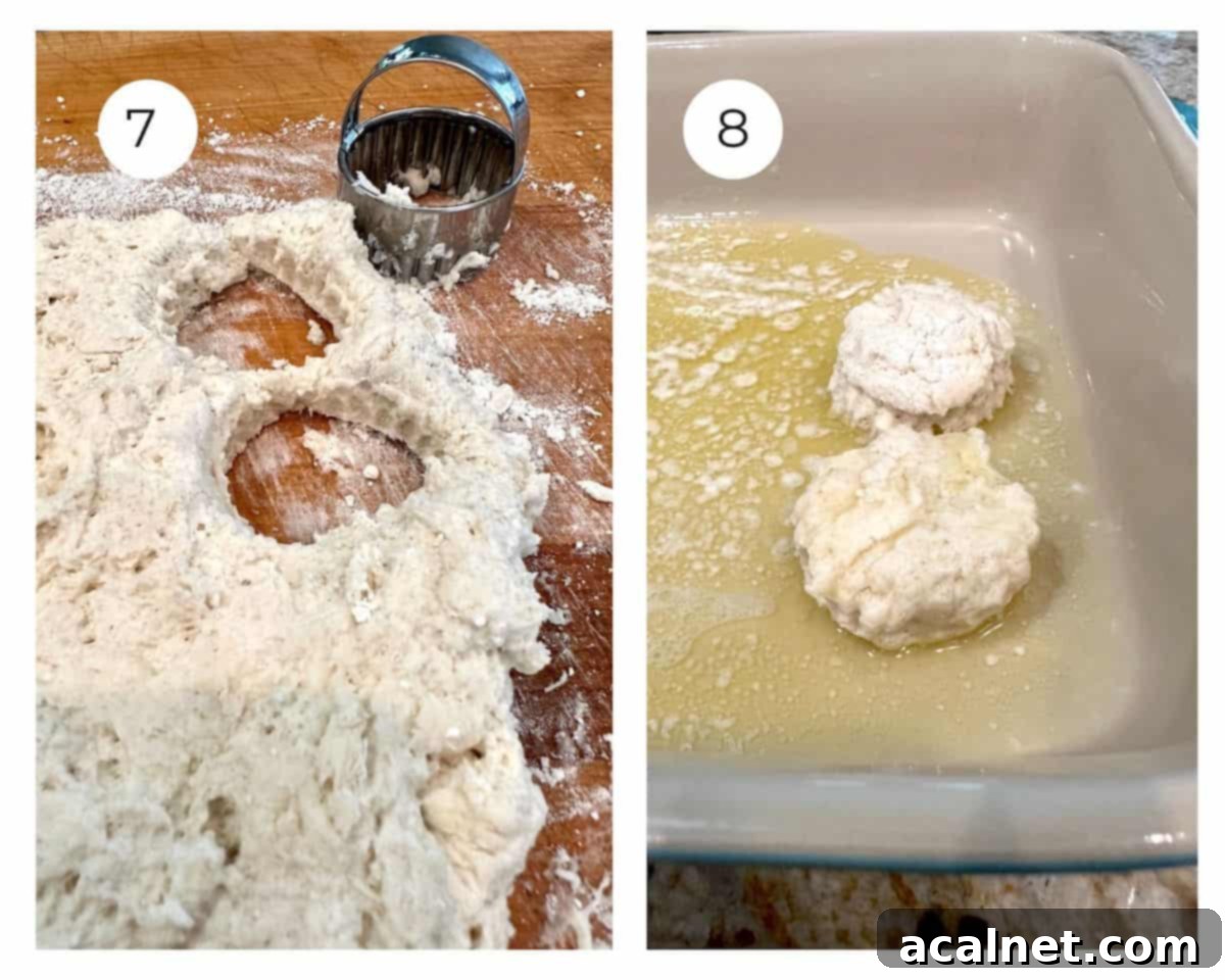 Biscuit dough cut into various shapes, then placed into a baking dish with melted butter.