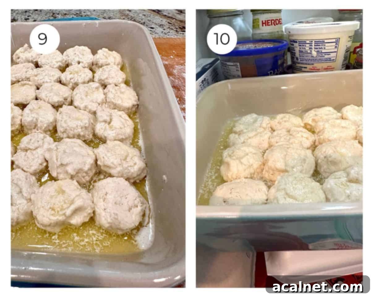 Unbaked biscuits arranged snugly in a baking dish, and the dish being placed into a refrigerator.