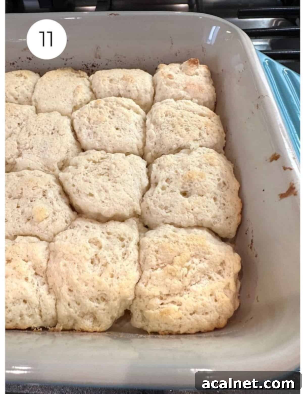 Freshly baked, golden brown biscuits in a baking dish on a stovetop.